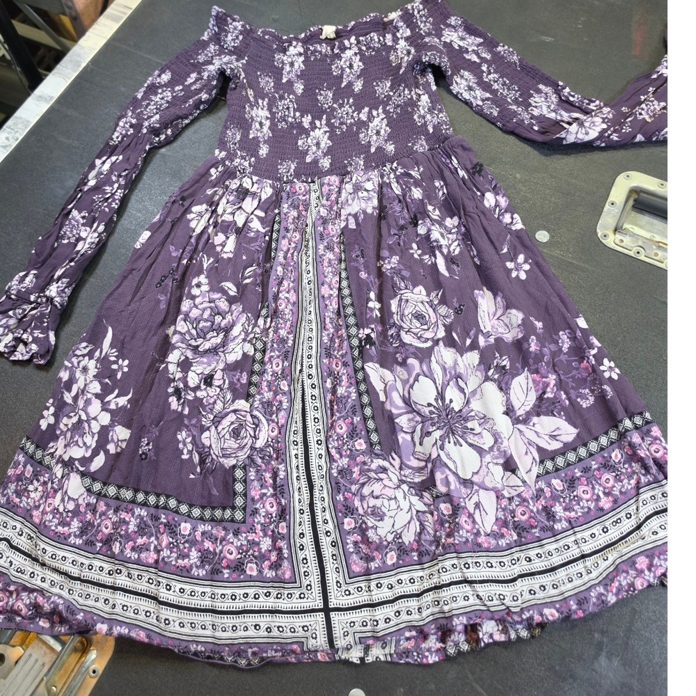 Altard State Purple Floral Smocked Off Shoulder Long Sleeve Boho MiniDress $78 S